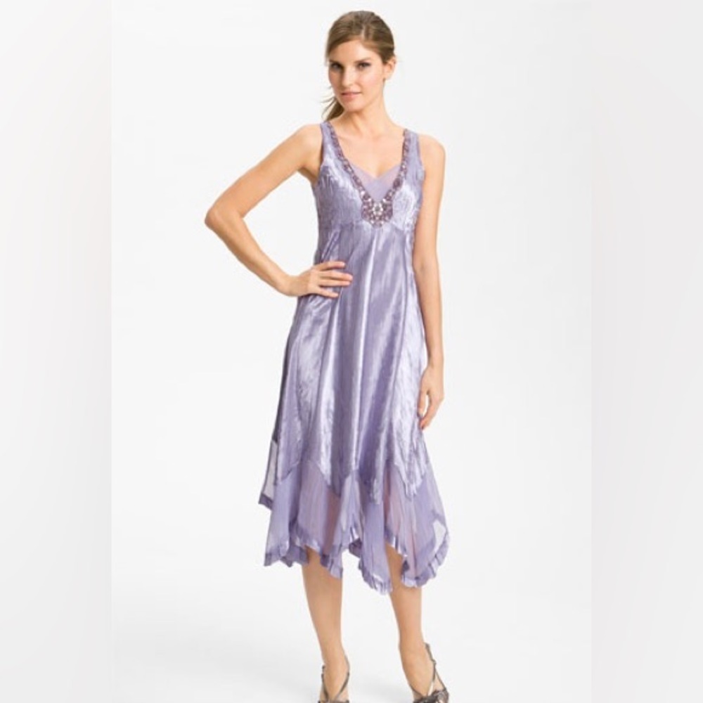 Stunning Komarov Beaded V-Neck Charmeuse Waterfall Dress with Jacket Violet Ice